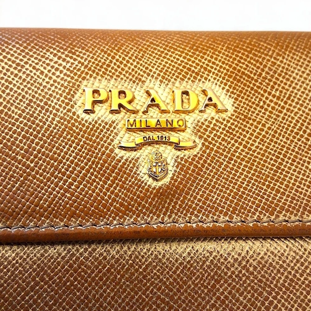 Prada Saffiano Leather Compact Wallet in Metallic Oro Gold with COA